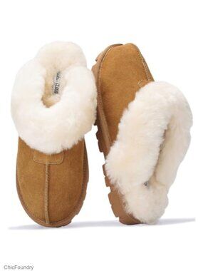 Genuine Leather Womens Fur-Lined Clog Slippers Memory Foam